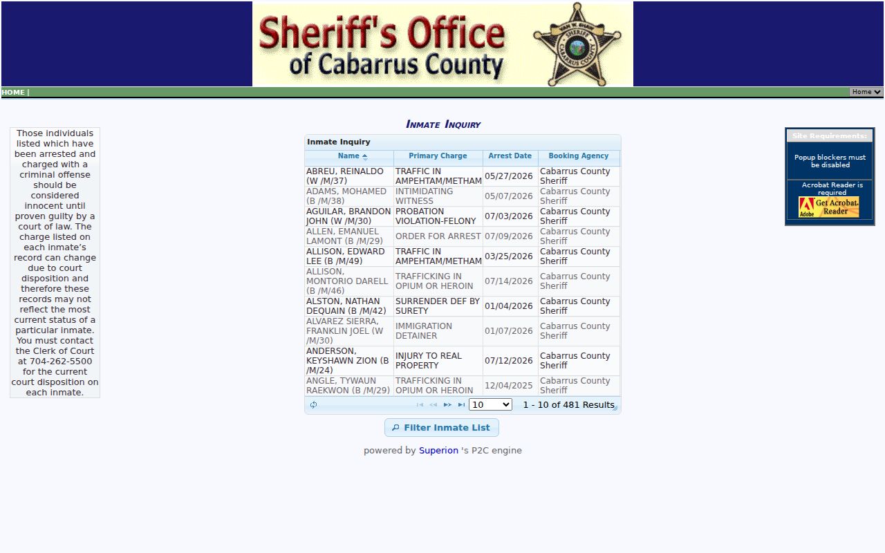 Cabarrus County people search in the official jail inmate records
