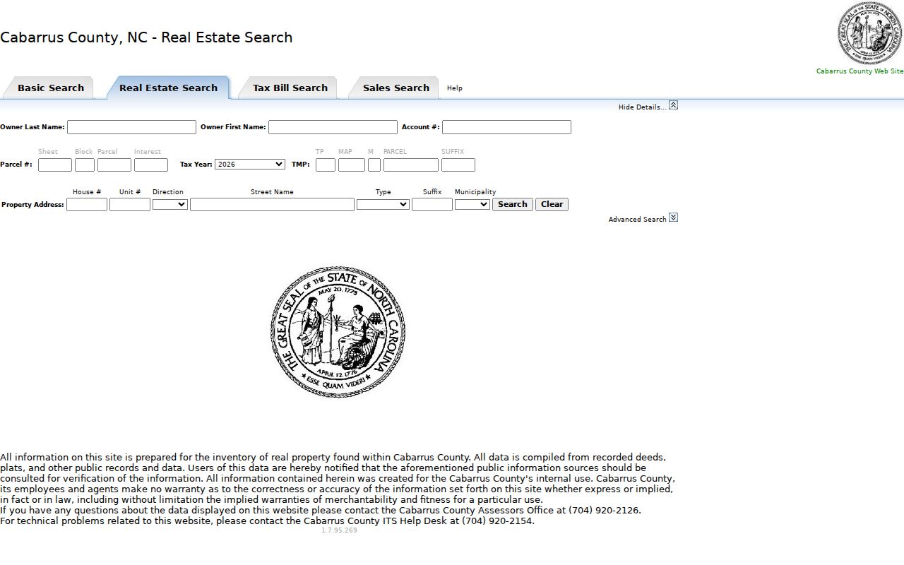 Cabarrus County people search fields in the real estate records portal