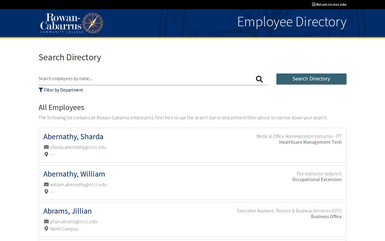 Cabarrus County people directories screen for RCCC employees