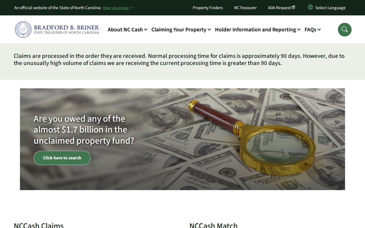 Cabarrus County public records research through the NCCash name search