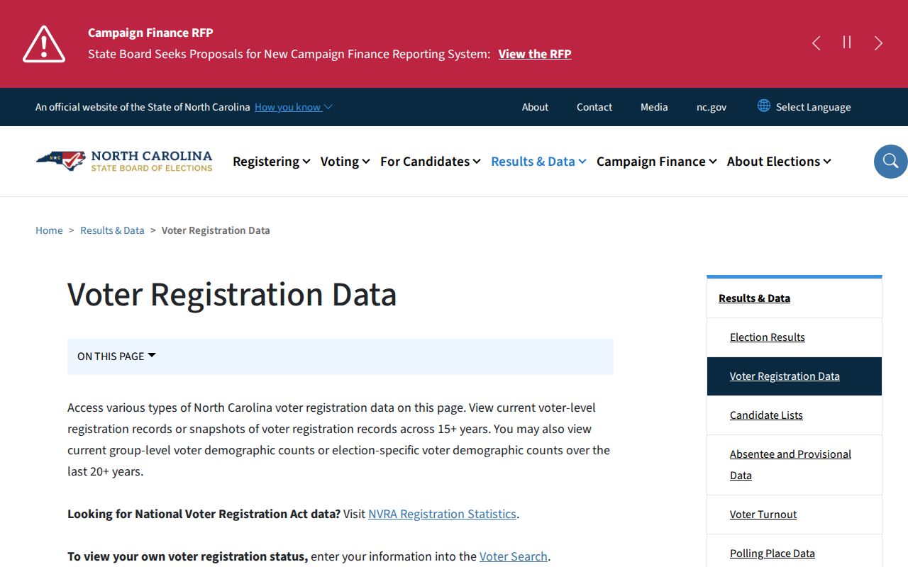 Cabarrus County voter registration data download choices from NCSBE