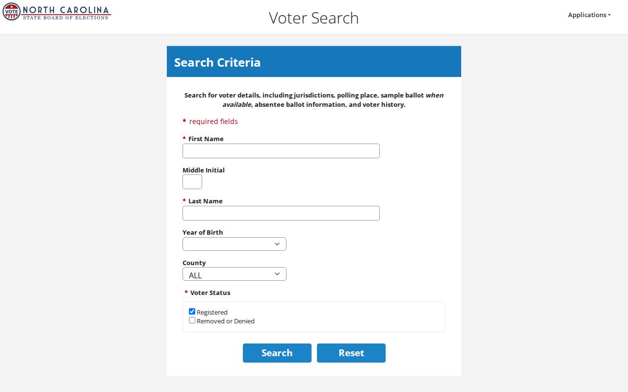 Cabarrus County voter registration search fields in the NCSBE lookup